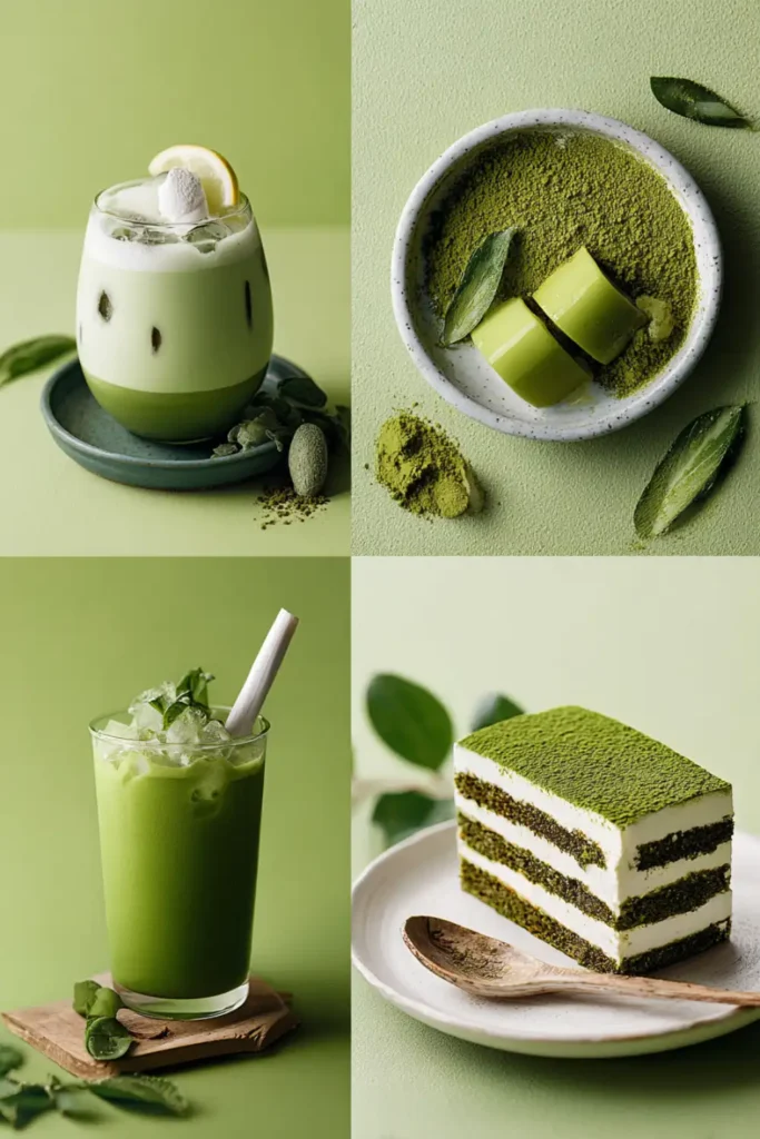 Matcha Recipes 7 Delicious Drinks & Desserts You Can Make at Home 12 Collage of matcha recipes including drinks and desserts like latte, smoothie, cake, and tiramisu
