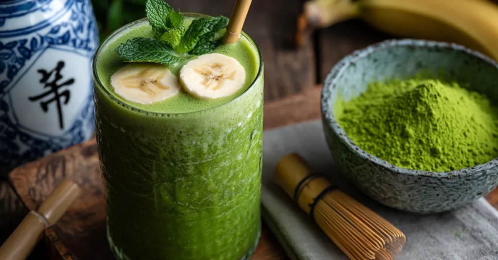 Vibrant matcha smoothie recipe with banana and mint