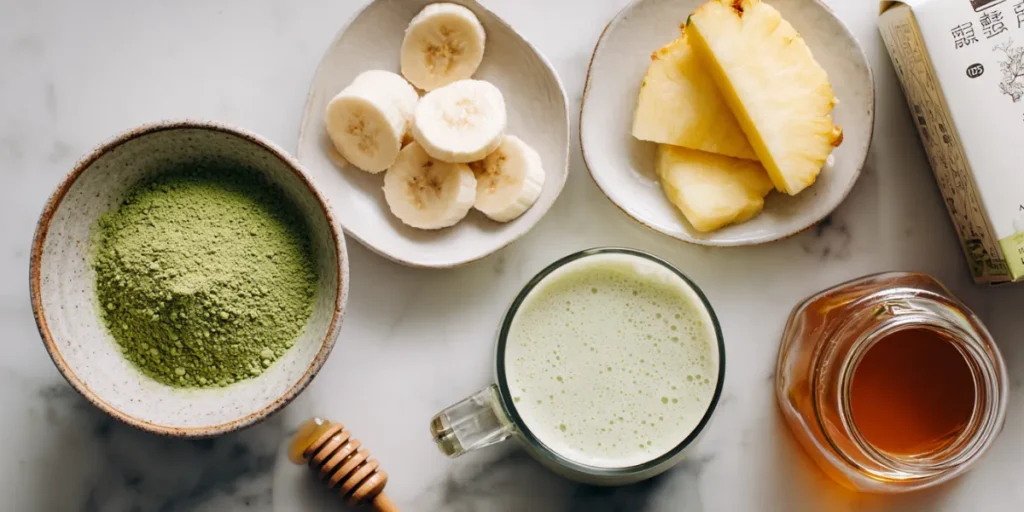 Powerful Matcha Smoothie Recipe to Start Your Day Right 15 Matcha smoothie ingredients flat lay