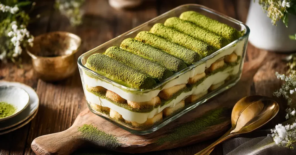 Overhead view of Matcha Tiramisu Recipe with green layers and matcha dust