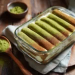Matcha tiramisu slice on white plate with green layers
