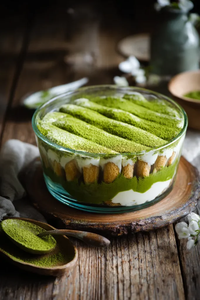 The Ultimate Matcha Tiramisu Recipe for Dessert Lovers 12 Overhead view of matcha tiramisu with green layers