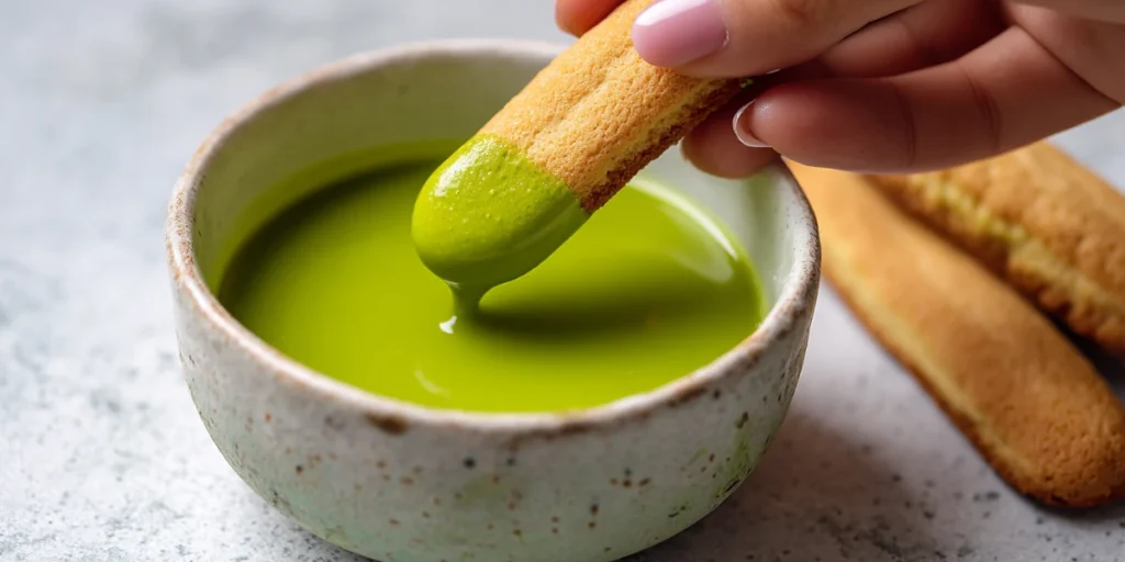 The Ultimate Matcha Tiramisu Recipe for Dessert Lovers 15 Ladyfingers being dipped in matcha for tiramisu