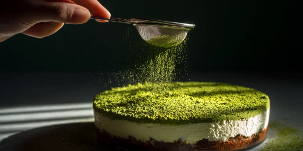 The Ultimate Matcha Tiramisu Recipe for Dessert Lovers 17 Dusting bright matcha powder on tiramisu top layer