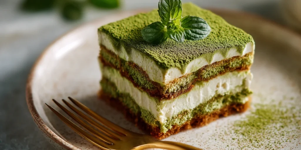 The Ultimate Matcha Tiramisu Recipe for Dessert Lovers 18 Served slice of matcha tiramisu with mint leaf garnish