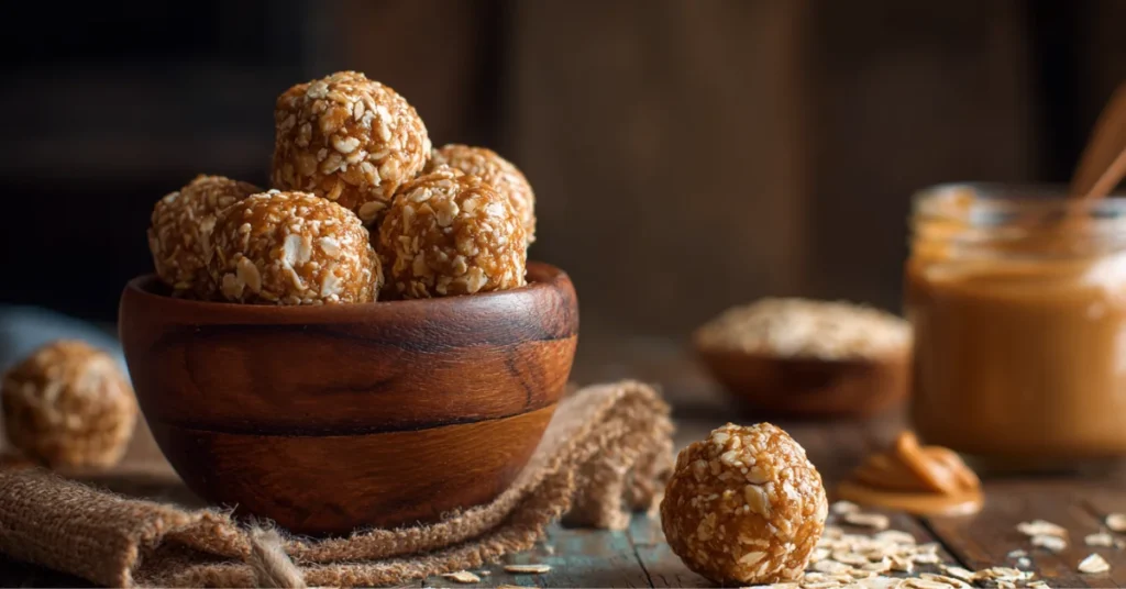Bowl of no-bake peanut butter oatmeal balls on a rustic kitchen table