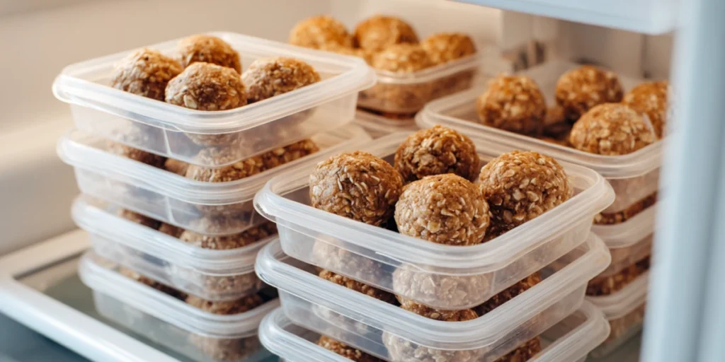 Meal prep containers filled with peanut butter oatmeal balls, stacked in fridge