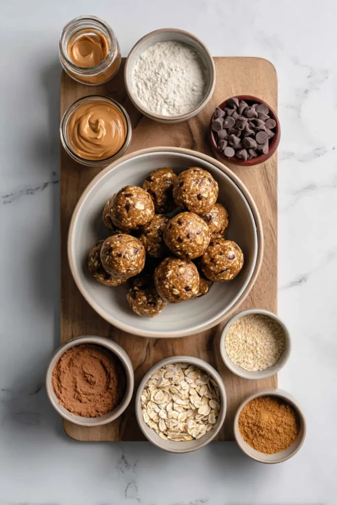 Collage of peanut butter oatmeal balls with ingredients and storage container, Pinterest style
