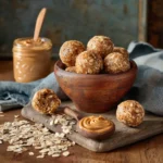 Peanut butter oatmeal balls on parchment paper styled as a recipe card