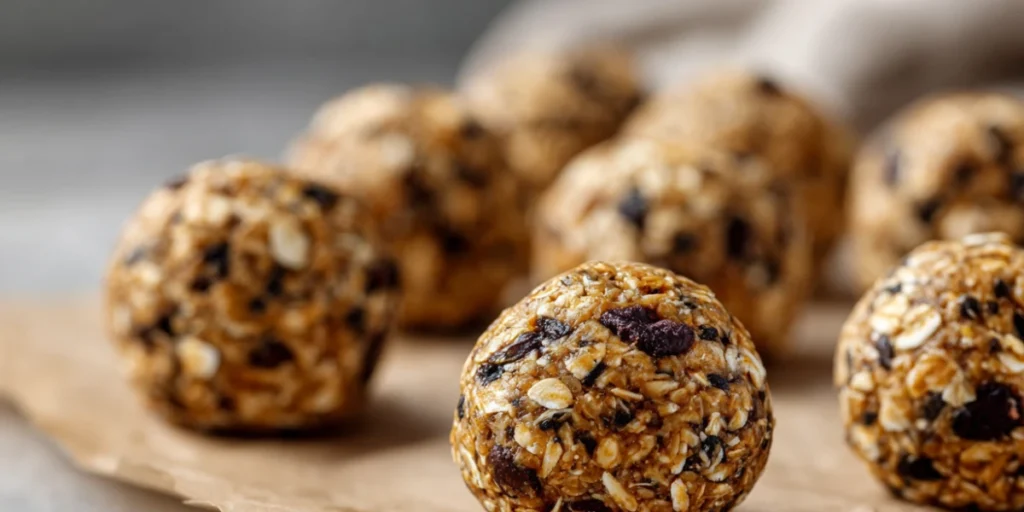Peanut butter oatmeal balls neatly rolled on parchment paper