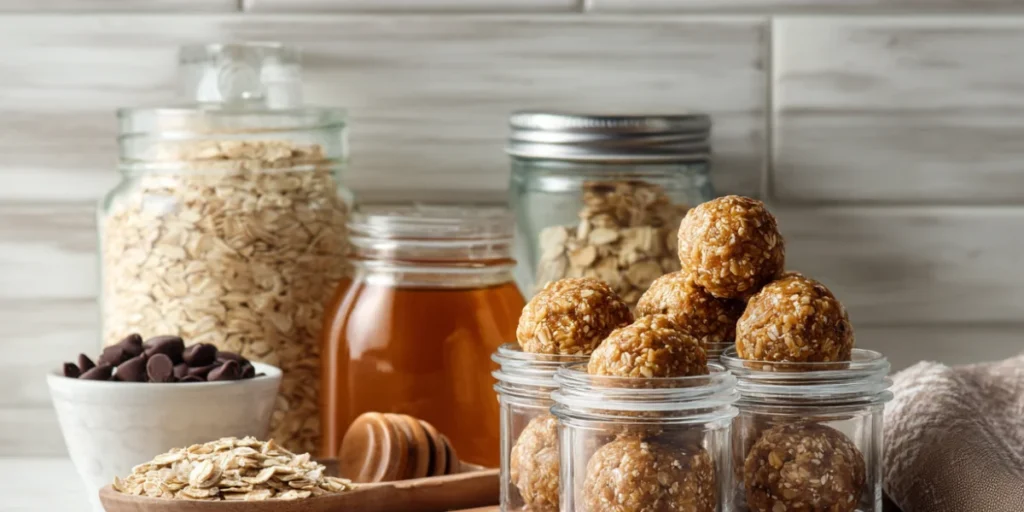 Meal prep containers filled with peanut butter oatmeal balls beside oats and honey