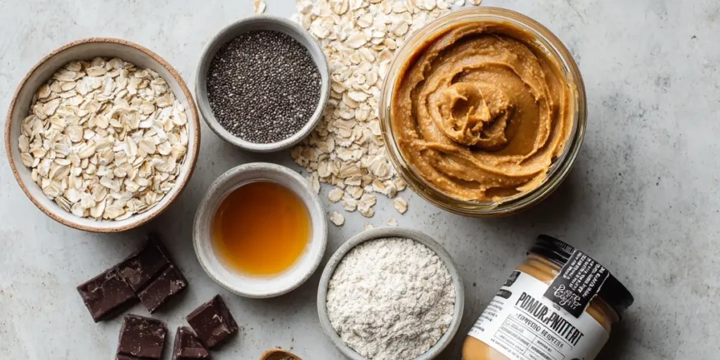 Flat lay of rolled oats, peanut butter, honey, chia seeds, and dark chocolate chips