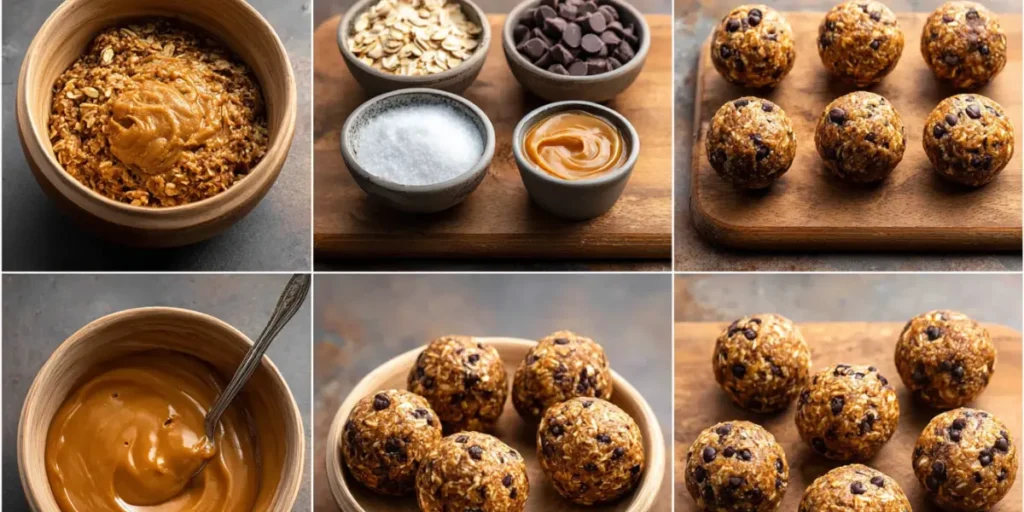 Step-by-step mixing oats, peanut butter, honey, and chocolate chips, then rolling into balls