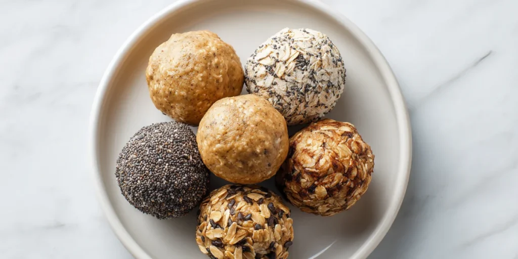 Assorted peanut butter oatmeal balls with chia, protein powder, vegan maple, and nut-free options