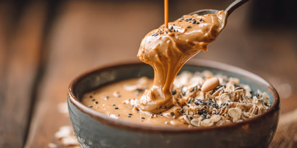 Natural peanut butter dripping from a spoon over a bowl of oats and seeds