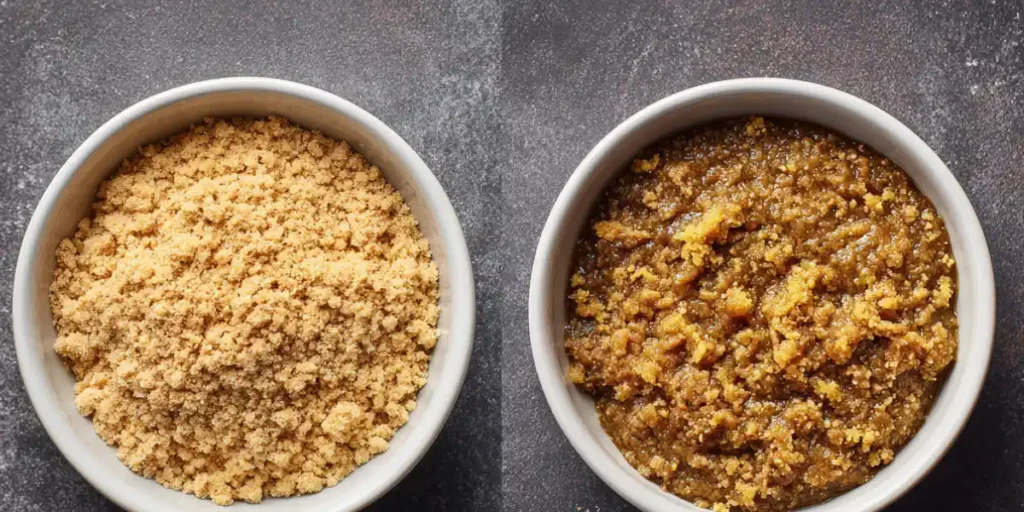 Side-by-side bowls showing a dry crumbly mixture and a sticky wet mixture of oatmeal balls