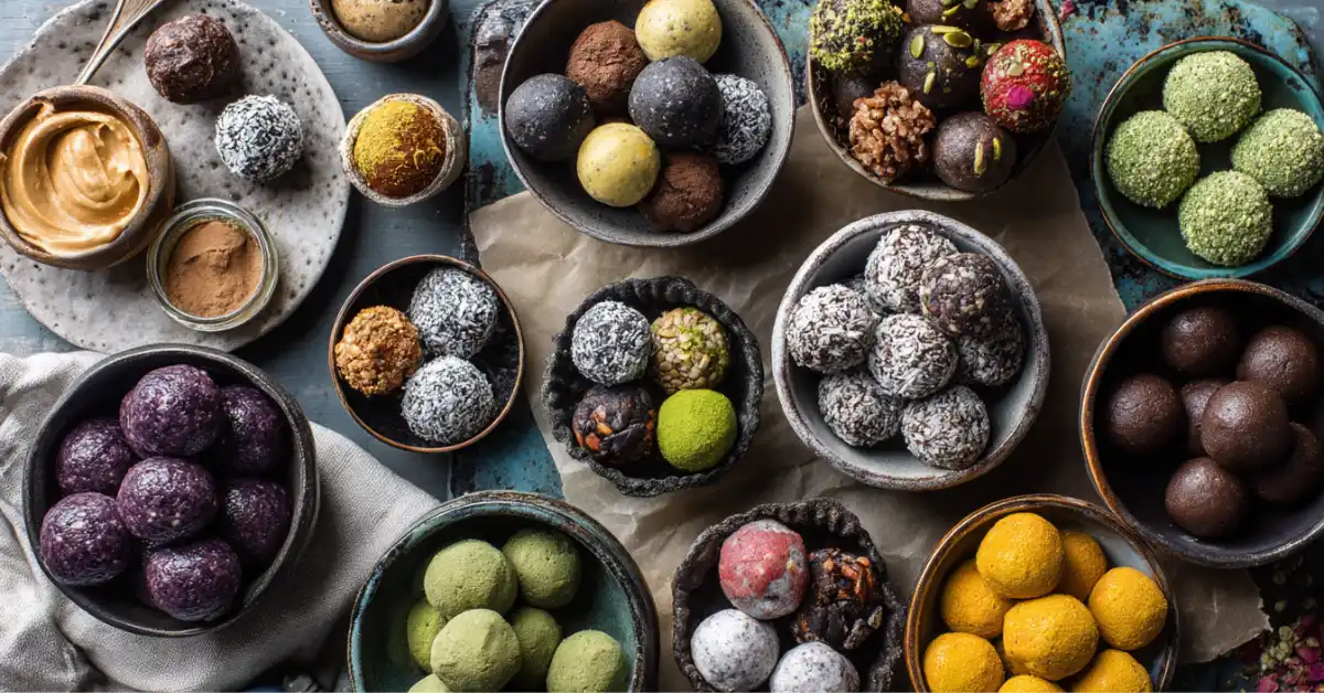 Assorted protein balls with multiple flavors on a rustic wooden table overhead view.