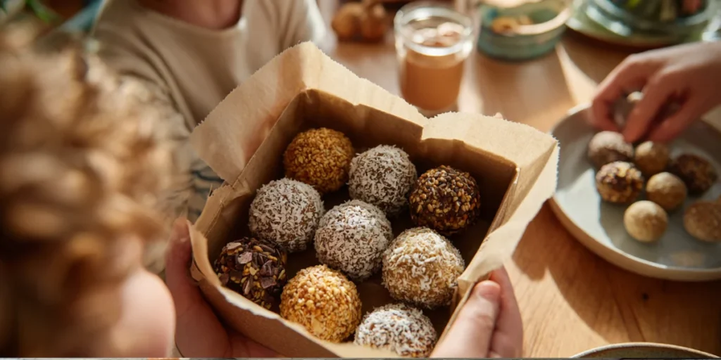 Family kitchen table with a snack box full of protein balls, kids reaching in.