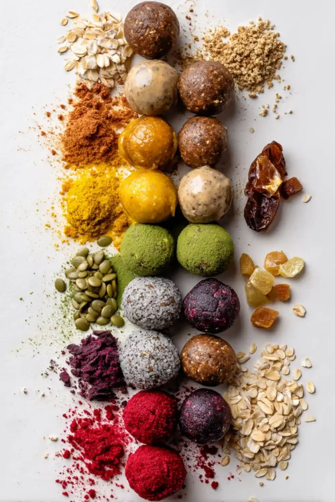 Tall vertical grid of colorful protein balls with oats, nut butter, dates, and berries around.