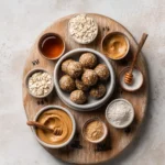 Minimalist recipe card setup with protein balls and labeled ingredients in bowls.