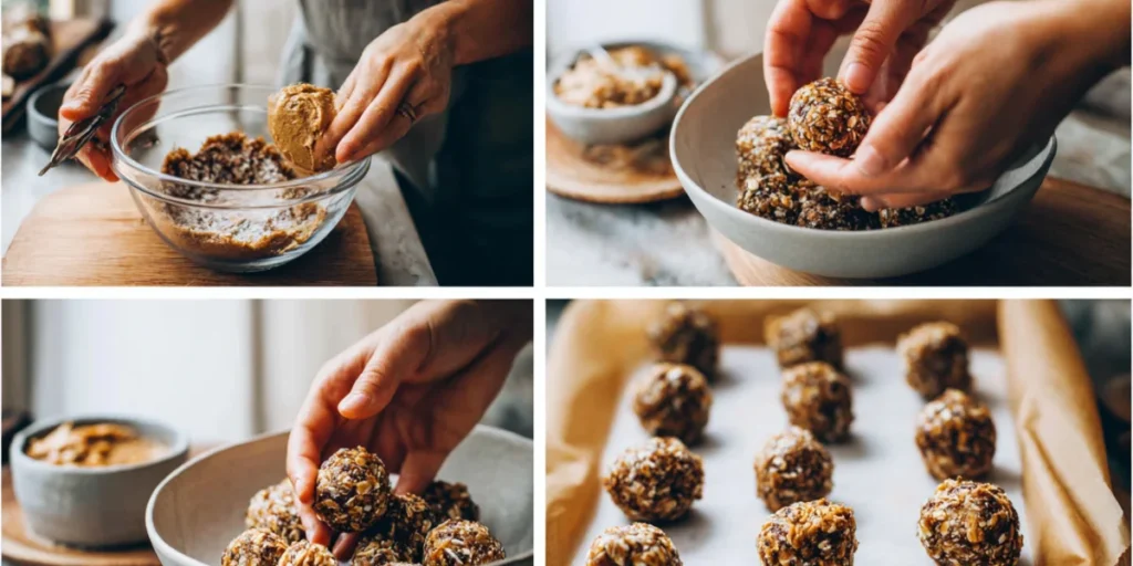 Step-by-step process of mixing and rolling protein balls on parchment paper.