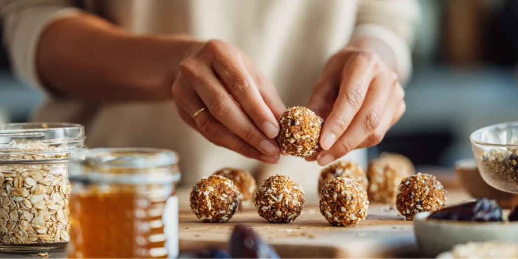 Hands rolling oats, nut butter, and dates into protein balls on a kitchen counter.