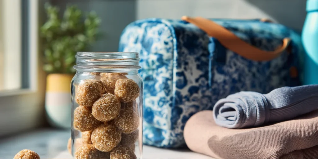 Protein balls stored in a glass jar beside workout gear and lunchbox.