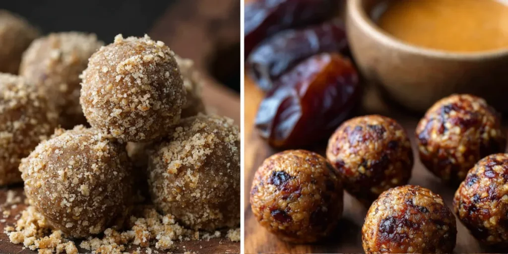 Step-by-step process of mixing and rolling protein balls on parchment paper.