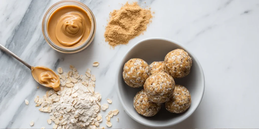 Minimalist setup of oats, nut butter, honey, and protein powder beside finished protein balls.