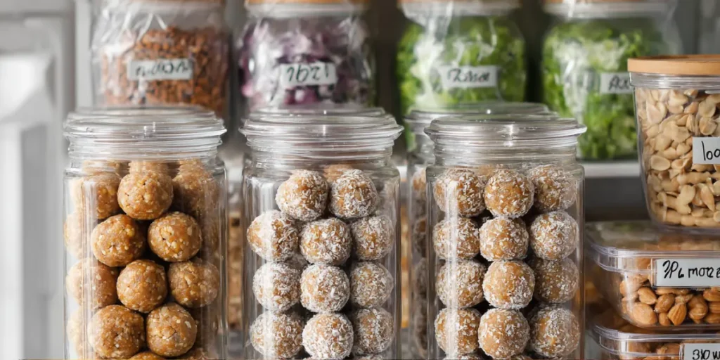 Glass containers and freezer bags filled with protein balls stored neatly in fridge.