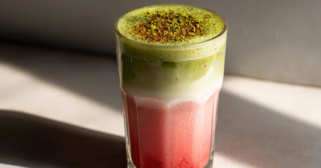 Iced layered strawberry matcha latte in a glass