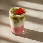 Ingredients for strawberry matcha latte including strawberries, matcha, and milk options