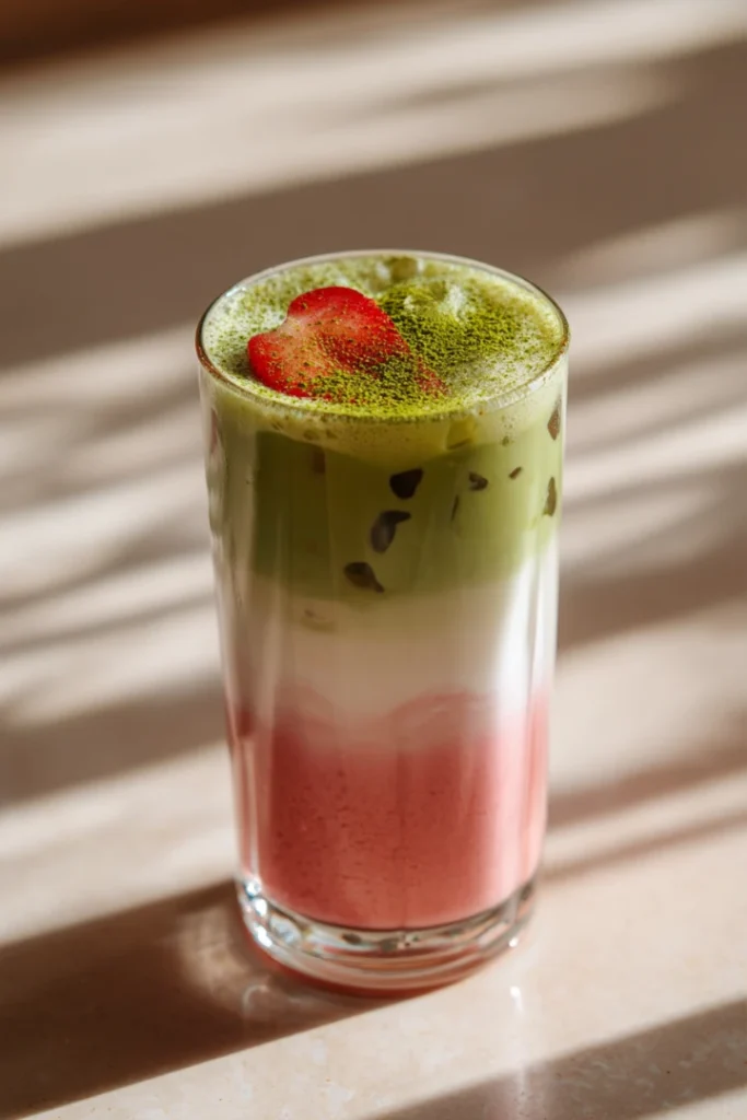 Secrets to the Best Strawberry Matcha Recipe at Home 14 Iced layered strawberry matcha latte