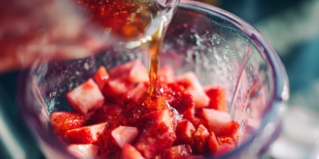Secrets to the Best Strawberry Matcha Recipe at Home 17 Blending strawberry purée for matcha drink