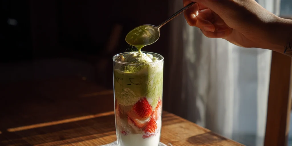 Secrets to the Best Strawberry Matcha Recipe at Home 18 Pouring matcha over milk for layered drink