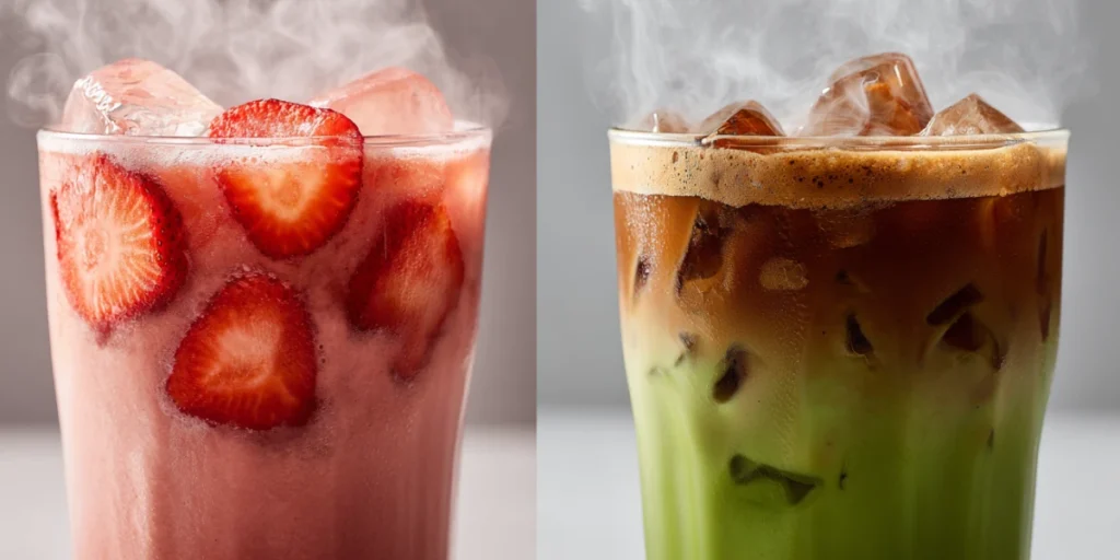 Secrets to the Best Strawberry Matcha Recipe at Home 19 Hot and iced strawberry matcha drinks side by side