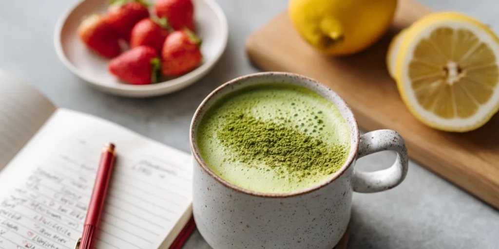 Secrets to the Best Strawberry Matcha Recipe at Home 21 Nutrition layout for strawberry matcha ingredients