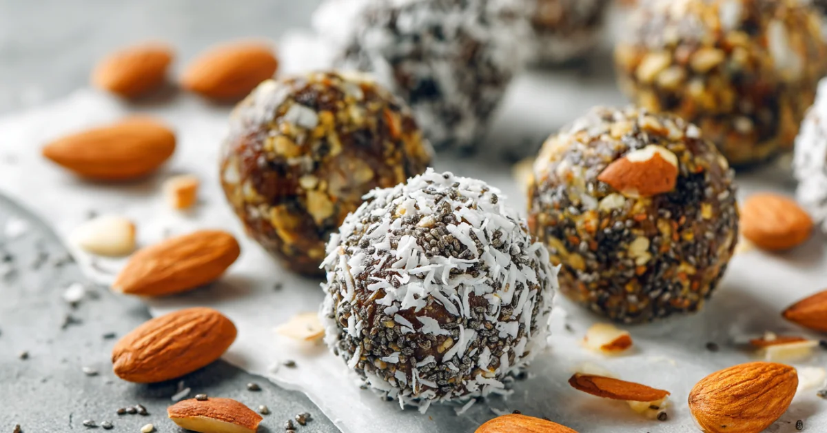 Keto energy bites on parchment paper with coconut and chia seeds