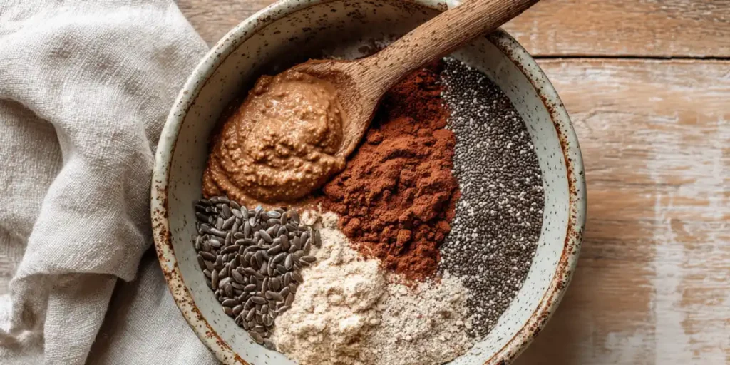 Mixing almond butter, coconut flour, and chia seeds in bowl