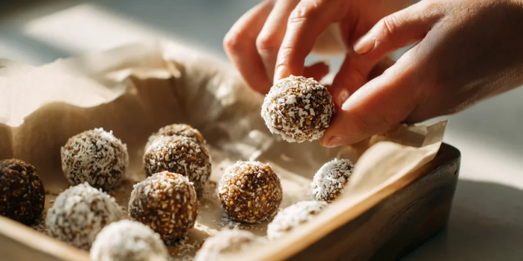 Hands rolling keto energy bites on tray
