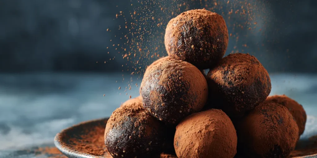 Chocolate keto energy bites dusted with cocoa