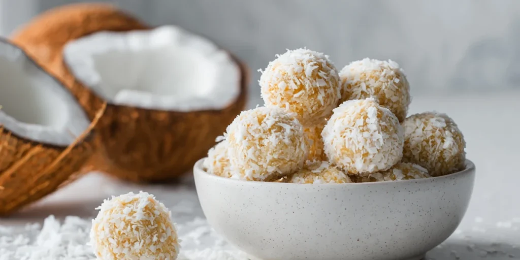 Coconut-covered keto energy bites with coconut halves