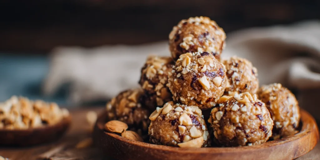 Peanut butter keto bites topped with crushed peanuts