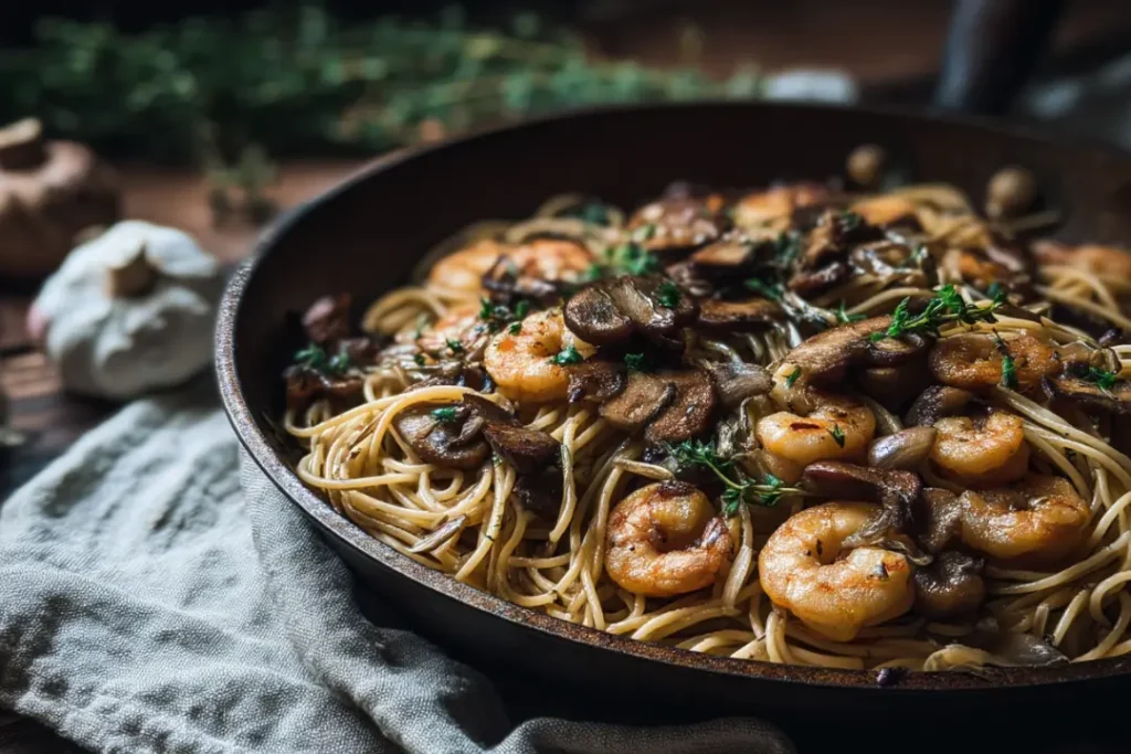 Mushroom Garlic Shrimp Pasta