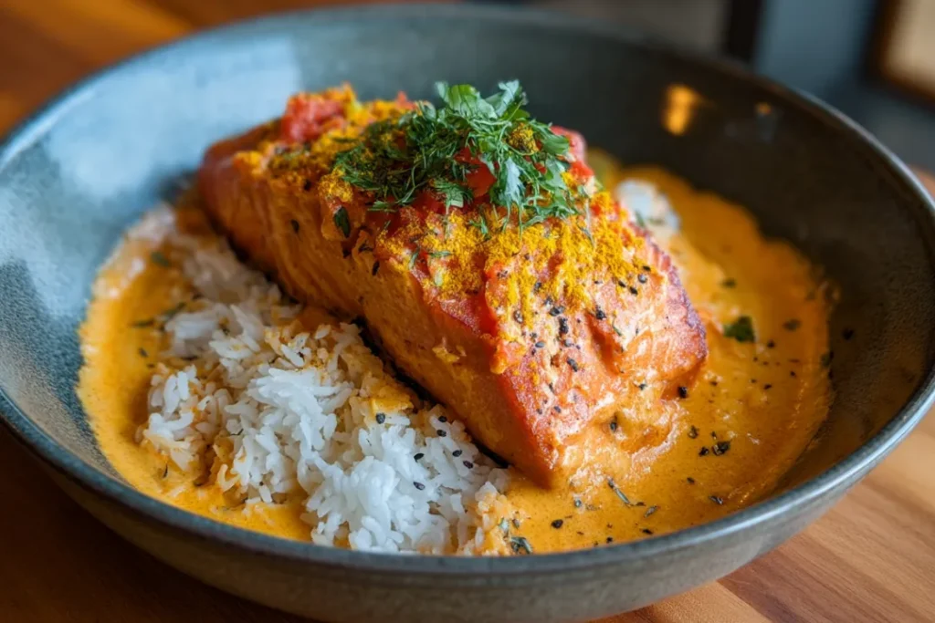 Oven Roasted Salmon Rice with Coconut Tomato Sauce