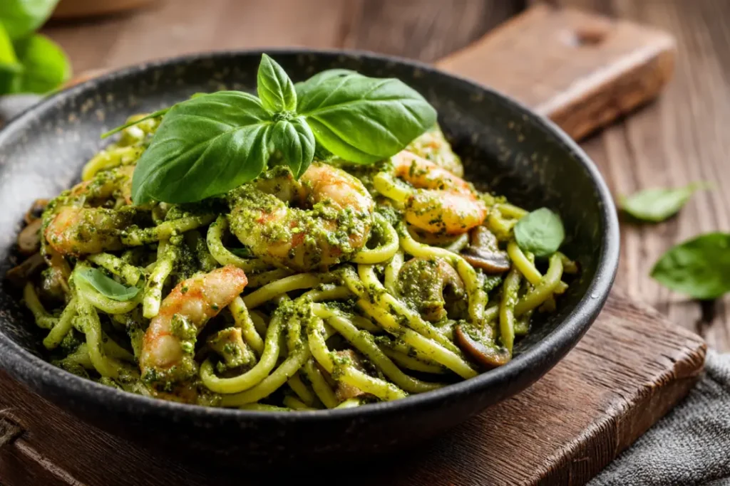Pesto Shrimp Mushroom Pasta