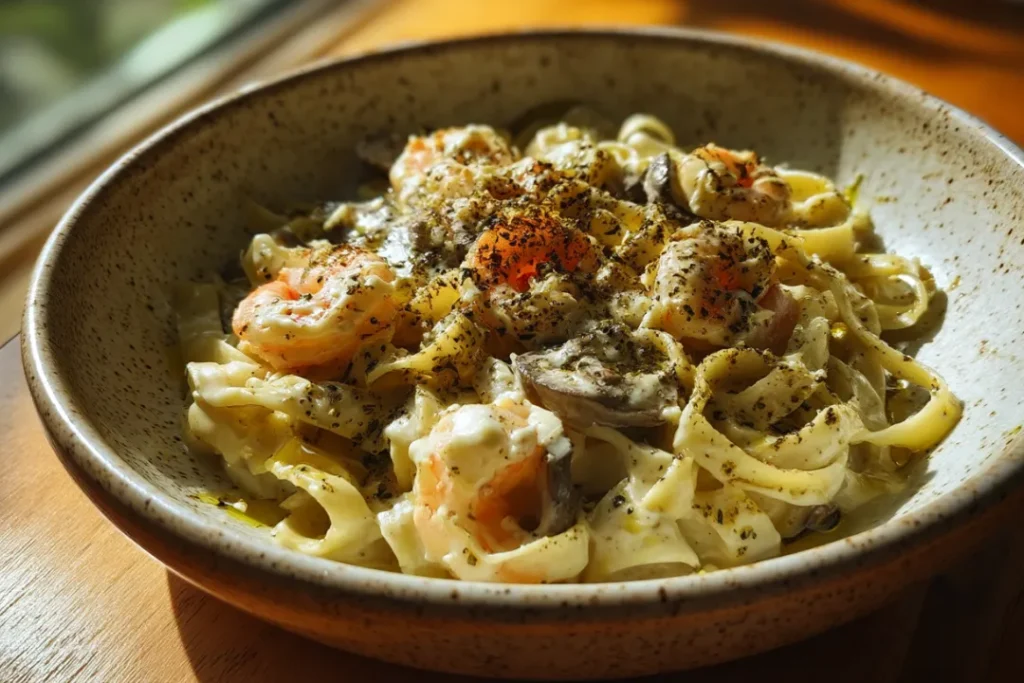 Mushroom Garlic Shrimp Pasta