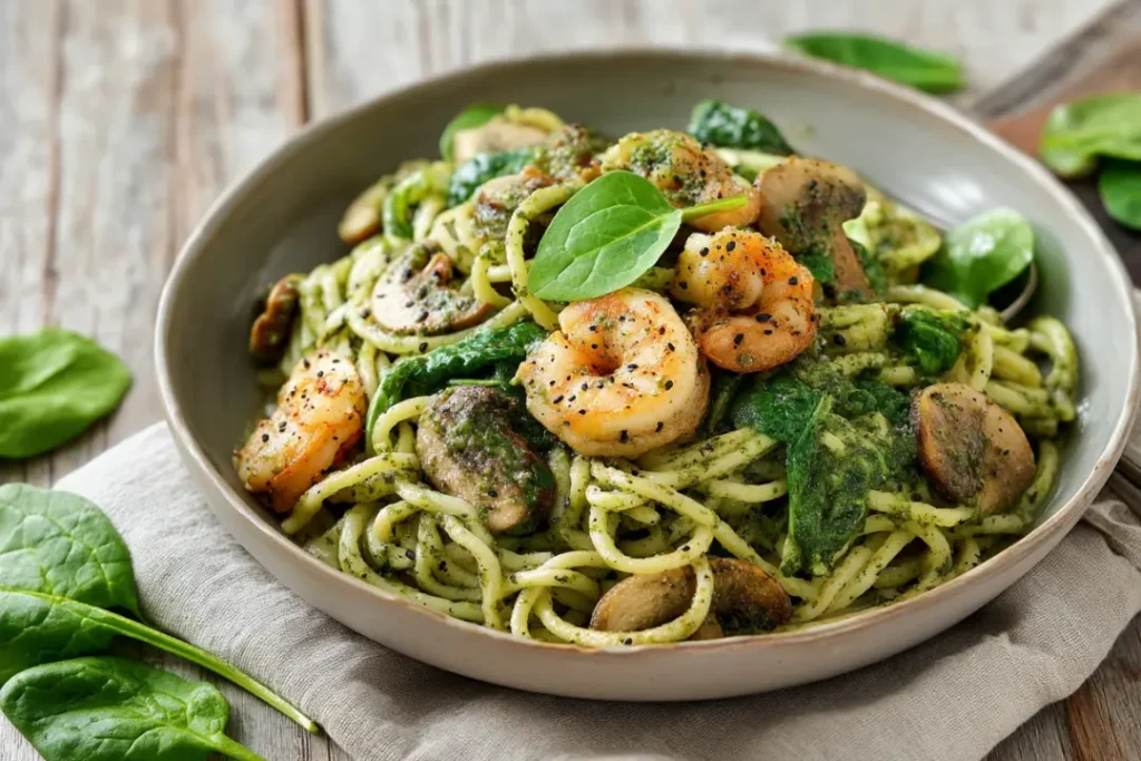 Pesto Shrimp Mushroom Pasta